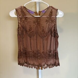Calypso Brown Silk Beaded Top Medium‎ Sleeveless Feminine Dainty Elegant Formal